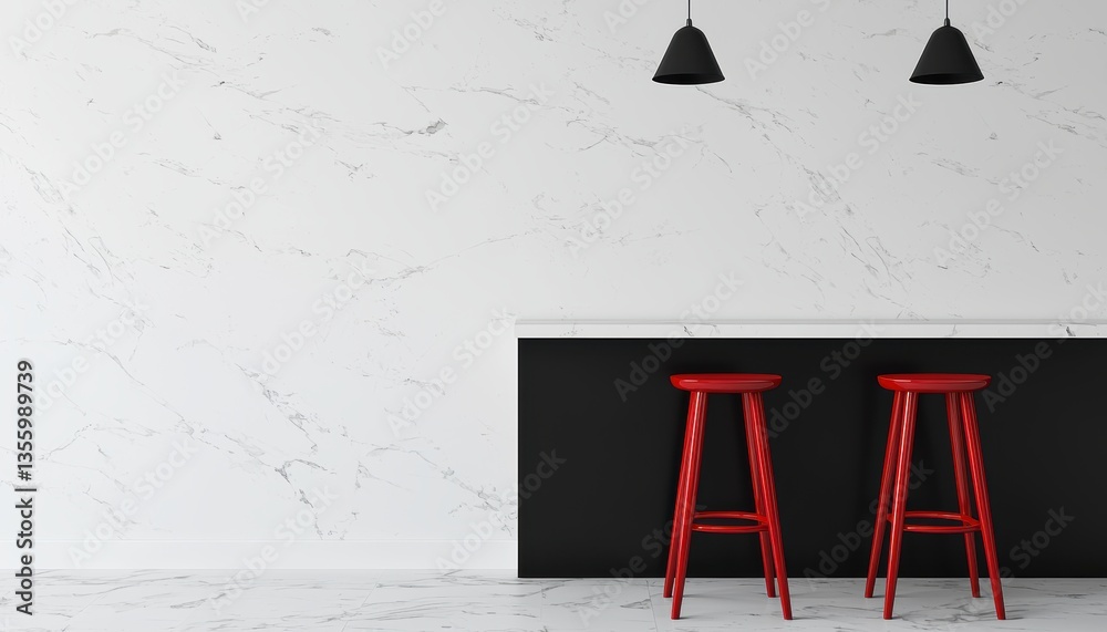Naklejka premium Modern minimalist kitchen featuring glossy black cabinets, white marble backsplash, and striking red barstools under elegant pendant lights