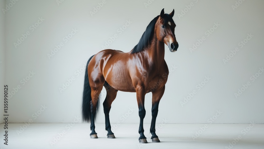 Obraz premium Bay horse standing alone against a white backdrop
