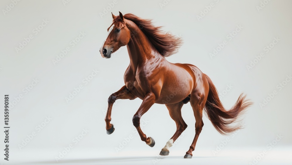 Naklejka premium Bay Horse in a galloping stride, isolated against a white backdrop.