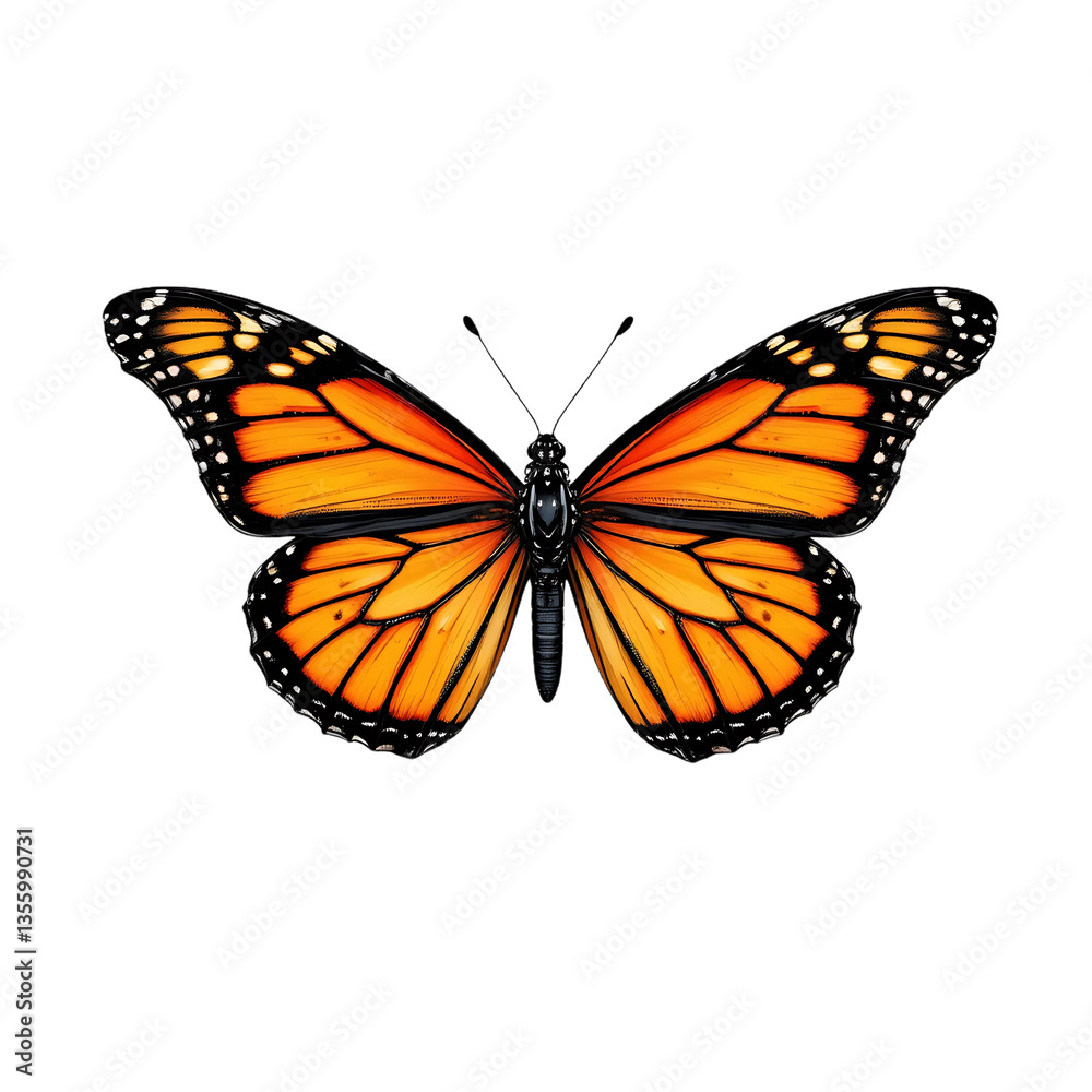 Naklejka premium A vibrant orange monarch butterfly, wings spread wide, isolated on a transparent background. Perfect for nature, insect, or spring designs.