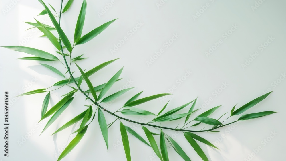 Fototapeta premium Bamboo branch with green leaves against a white background.