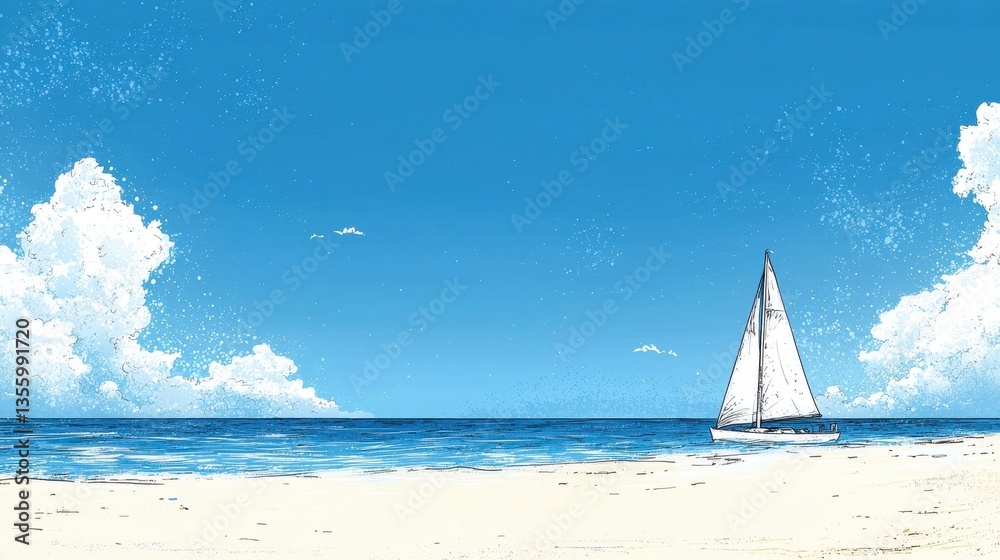 Obraz premium Serene Beach Seascape with Sailboat Pixel Art