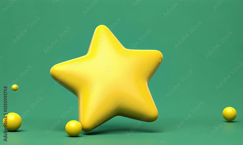 Playful 3d animated bright yellow star with soft jelly-like bounce and subtle deformation effect landing smoothly on a solid green background