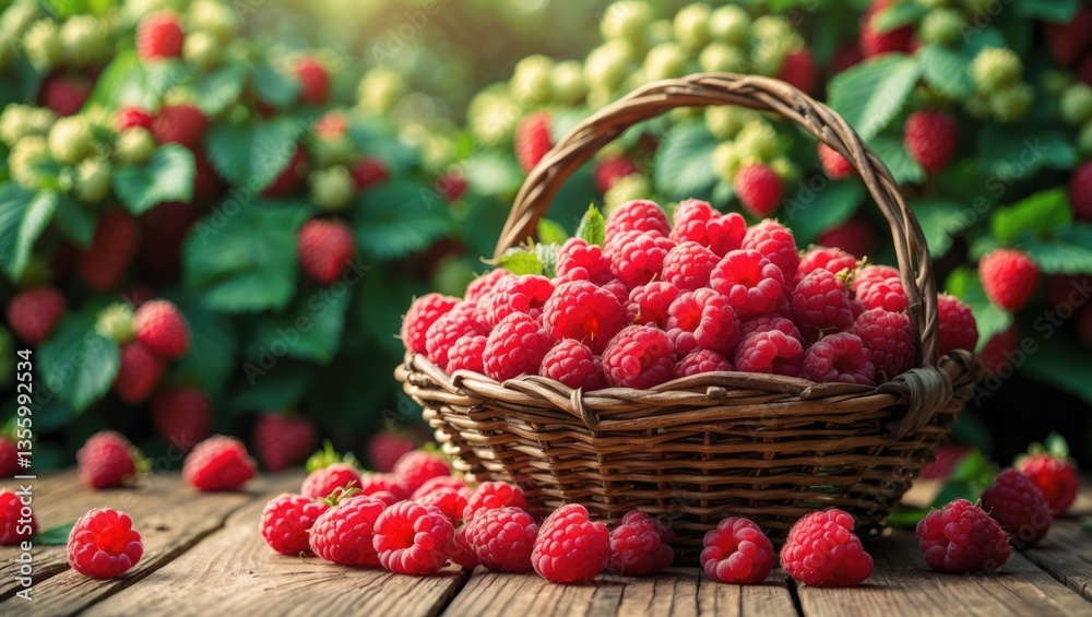 Basket of fresh raspberries on wooden table