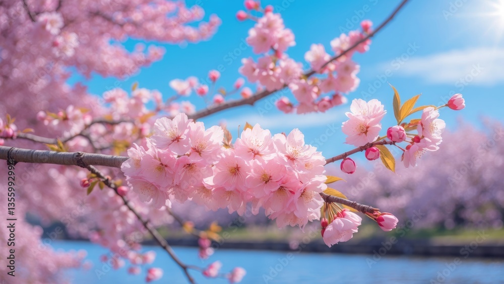 Stunning and charming cherry blossoms against a blue sky and river. Wallpaper background.