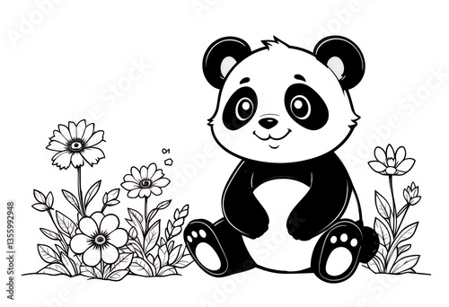 Cute Panda Sitting Among Flowers Black and White Line Art