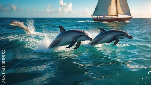 Bottlenose dolphins entertain as they ride the wake of a boat, joyfully leaping and splashing in the ocean waves, offering a stunning and memorable sight for fortunate spectators.