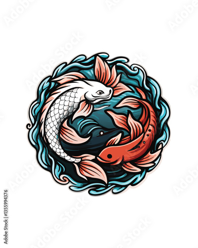 Two vibrant Koi fish gracefully swim within a stylized Yin Yang symbol, surrounded by serene water.  Surreal aquatic scene.