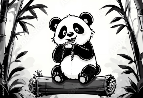 Cartoon Panda Eating While Sitting on Bamboo Log in the Forest