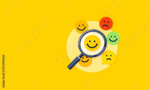 User feedback analysis concept customer review evaluation product rating satisfaction research opinion assessment quality check emoji emotions magnifying glass. business marketing