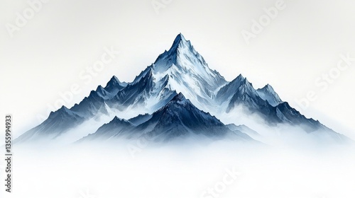 Serene Snow Capped Mountain Peak Emerging from Fog