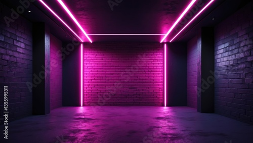 Background of an unoccupied corridor featuring walls and neon lighting. Walls, neon rays, and glow.