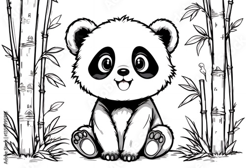 Cute Panda Sitting with Bamboo Stalks Black and White Line Art