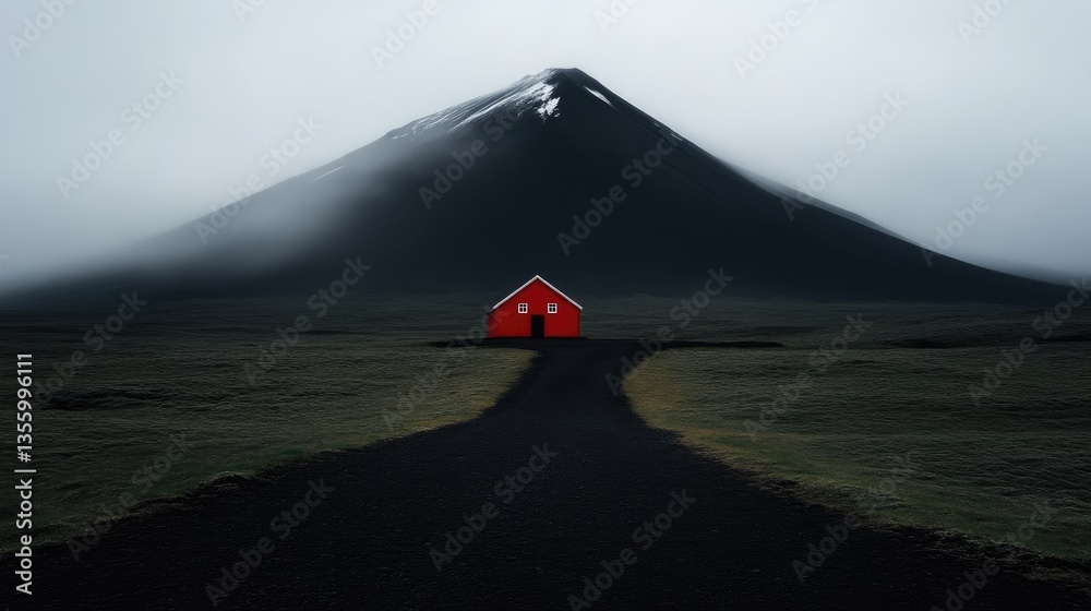 Fototapeta premium Lonely Red Cabin, Misty Mountain