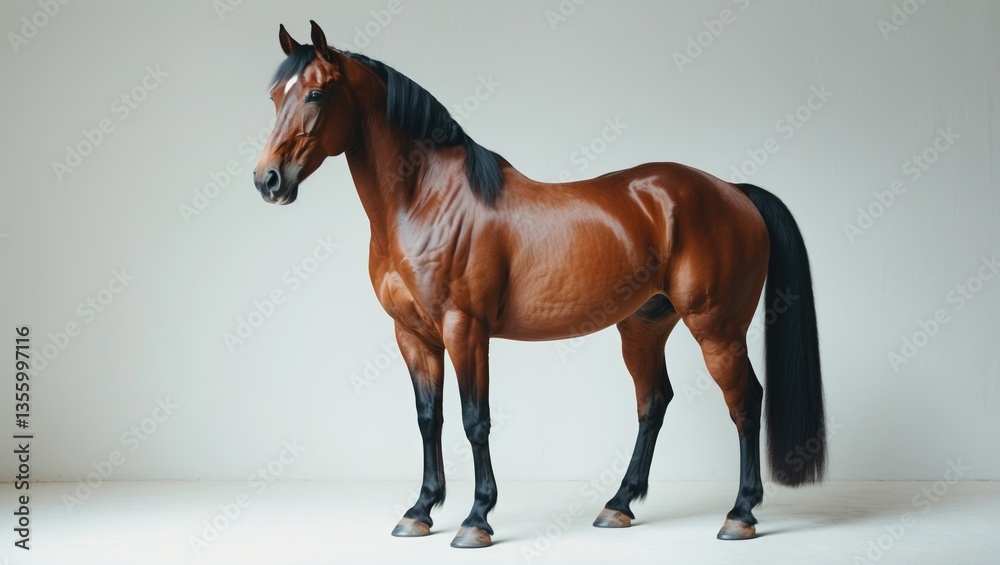 Obraz premium Bay horse standing alone on a white backdrop