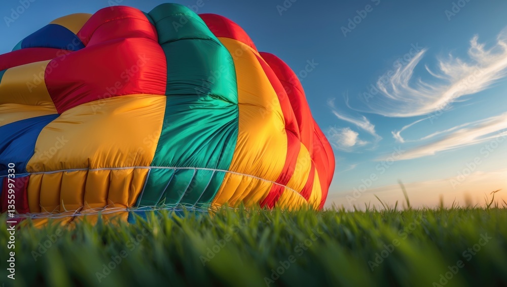 Obraz premium Brightly colored hot air balloon resting on the ground under a blue morning sky prior to takeoff.