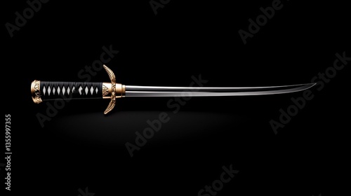 Sleek Black Katana with Gold Accents on Black Background