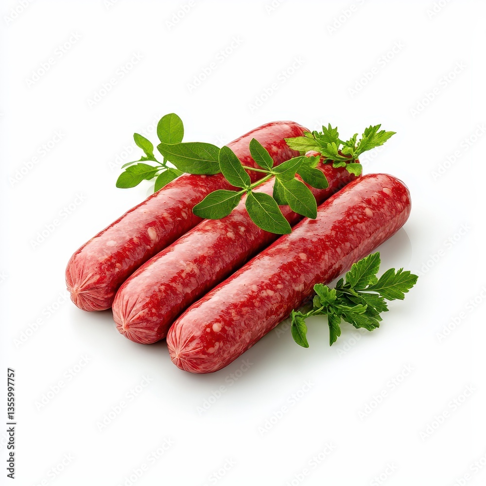 Fresh sausages with herbs on a white background Fresh sausages with herbs on a white background