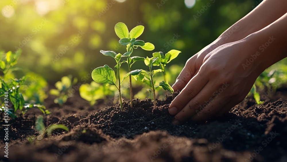 Fototapeta premium Hands Planting Seedlings in Rich Dark Soil Under Warm Sunlight