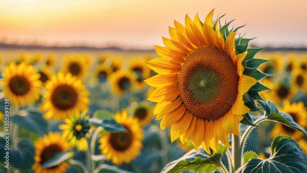 Obraz premium Bright Sunflower Flower Close-up of a sunflower fully blossomed, creating an abstract natural backdrop. Field of sunflowers illuminated by warm light.