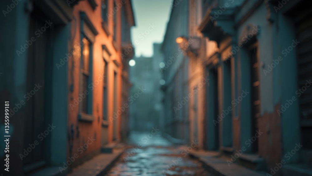 Fototapeta premium Blurred Background of Vacant Street with Rain-soaked Pavement and Historic Buildings in a Serene Neighborhood. Defocused Image for Background.