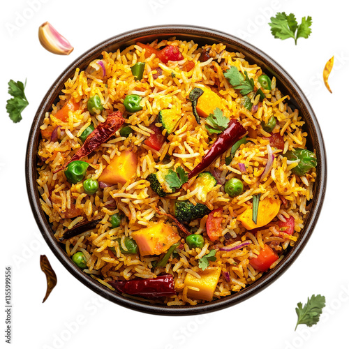 Mixed Vegetable Fried Rice PNG with Cashew Nuts, Green Peas, Corn, Carrots, Bell Peppers, and Cilantro Garnish – High-Quality Stock Image for Asian Cuisine and Food Presentation