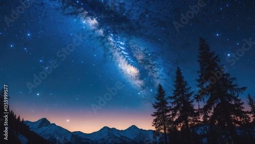 Fototapeta Naklejka Na Ścianę i Meble -  Bright starry sky featuring the Milky Way against a mountain backdrop.