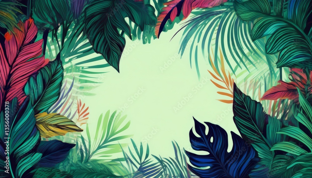 Hello Summer concept design with abstract illustrations on a background of exotic forest leaves Hello Summer concept design with abstract illustrations on a background of exotic forest leaves