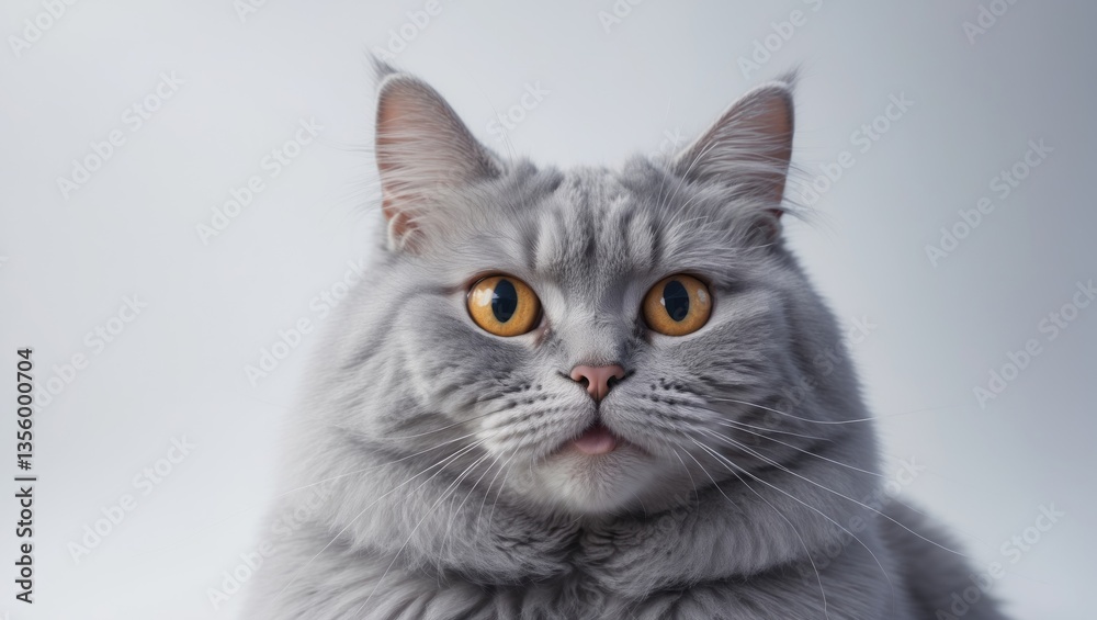 British purebred shorthair cat on a white background appears to smile like a Cheshire. A gray skittish cat is relaxing in isolation. Cat for promotional feed. British purebred shorthair cat on a white background appears to smile like a Cheshire. A gray skittish cat is relaxing in isolation. Cat for promotional feed.