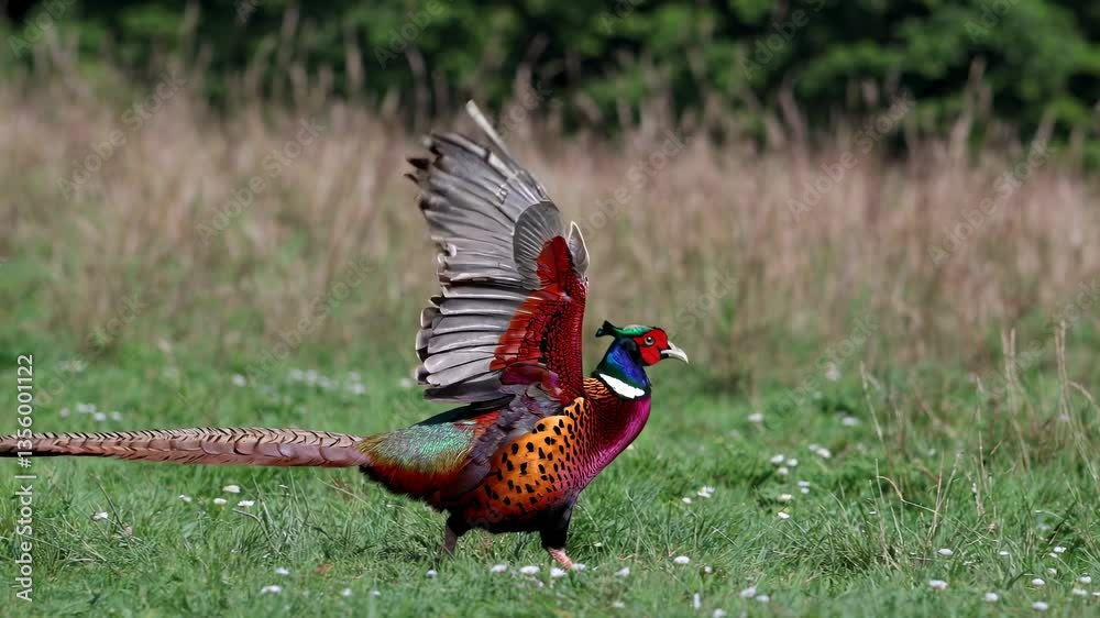 custom made wallpaper toronto digitalA vibrant pheasant in a meadow, captured in a low-angle shot, showcasing its colorful plumage. Ideal for a nature documentary video scene.