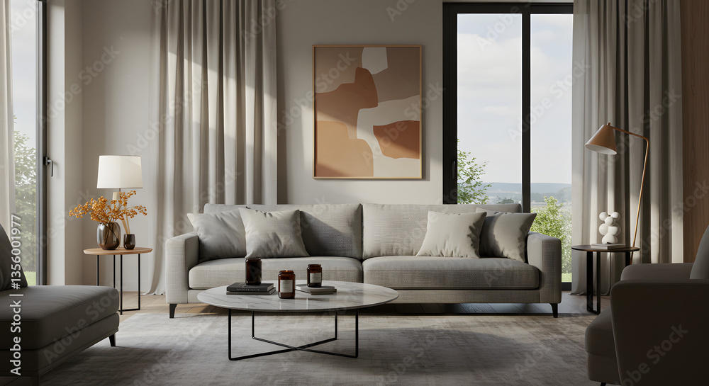 Obraz premium Modern minimalist living room with neutral-toned sofa, marble coffee table, abstract wall art, and natural light from large windows