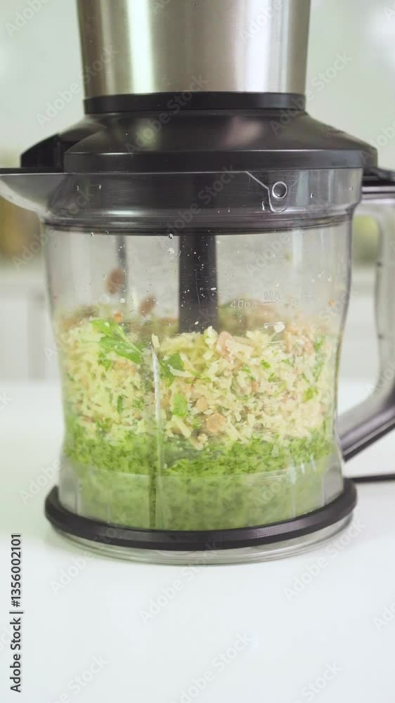 Trituradora mezclando verduras, queso y maní. Preparación de relleno, cocina, gastronomía, comida casera, alimentación saludable, lifestyle.
