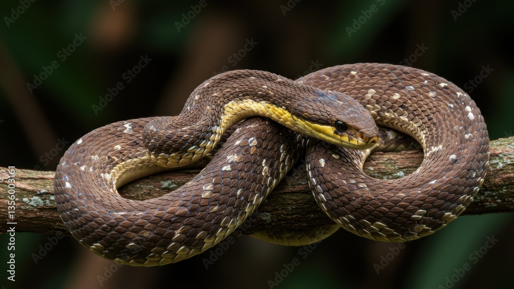 Obraz premium A close-up of a brown and yellow snake resting on a branch.