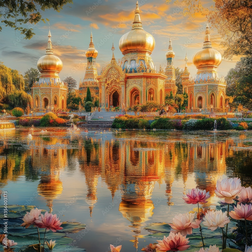 Obraz premium golden domes of a temple reflected in shimmering water, surrounded by vibrant gardens, serene and luxurious composition, warm and peaceful mood