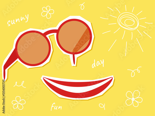 Summer horizontal background. Round sunglasses with red frame and red lips with teeth on yellow background with doodles. Vector illustration. Banner with happy face and smile.