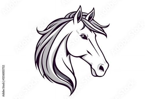 Elegant Horse Head Illustration with Flowing Mane in Shades of Gray
