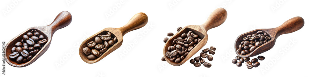 Fototapeta premium Three Wooden Scoops Filled with Aromatic Dark Roasted Coffee Beans isolated with Transparent PNG