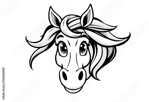 Cartoon Horse Head Black and White Illustration with Cute Features