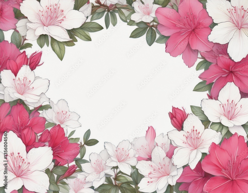 Naklejka premium 白色とピンク色のつつじの花のフレーム背景素材。テキストスペースあり。AIで生成