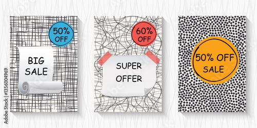 Big sale banner set. Special offer price label design. Super Sale promotion banner template. Doodle background. Vector Illustration.