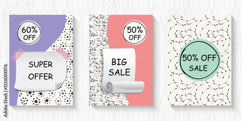 Big sale banner set. Special offer price label design. Super Sale promotion banner template. Doodle background. Vector Illustration.