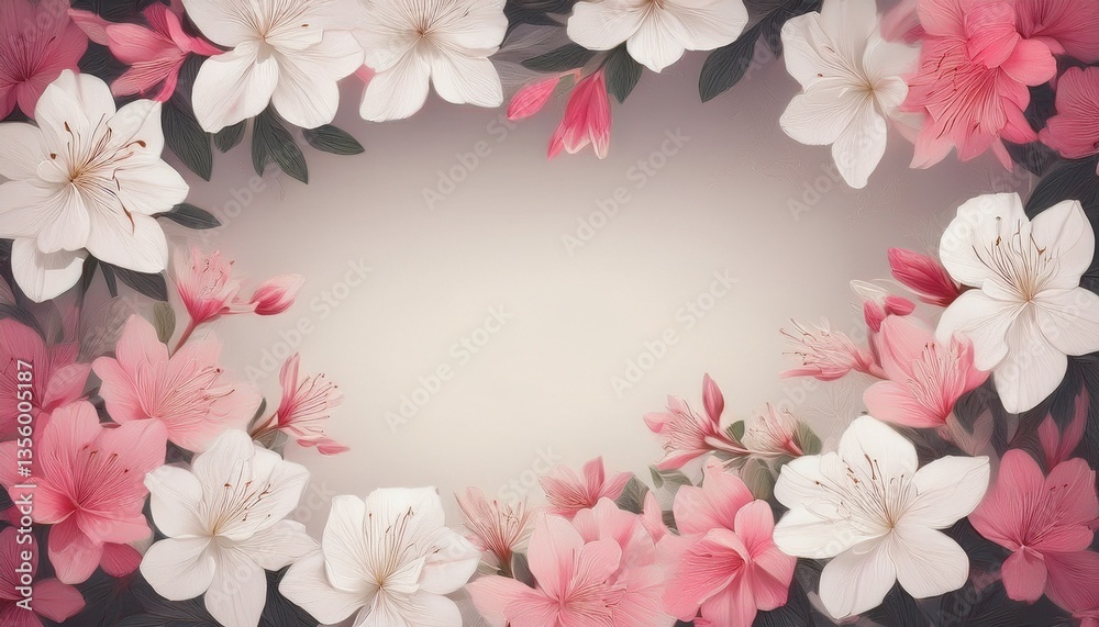 Fototapeta premium 白色とピンク色のつつじの花のフレーム背景素材。テキストスペースあり。AIで生成