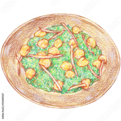 xoi la dua, steamed pandan sticky rice with lotus seeds, , popular vietnamese dessert handdraw style