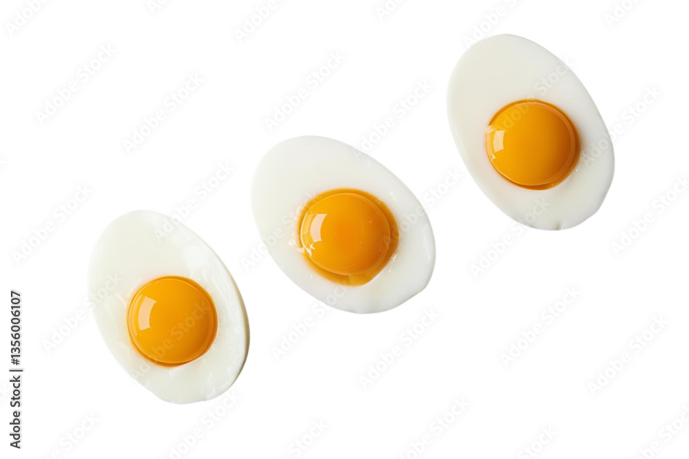 three soft boiled eggs, yolk visible, white background, isolated, no background three soft boiled eggs, yolk visible, white background, isolated, no background