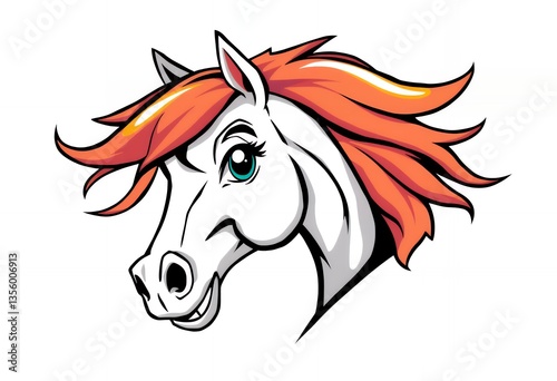 Cartoon Horse Head with Orange Mane Smiling on White Background