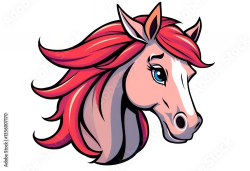 Cartoon Horse Head Illustration with Flowing Red Mane and Blue Eyes