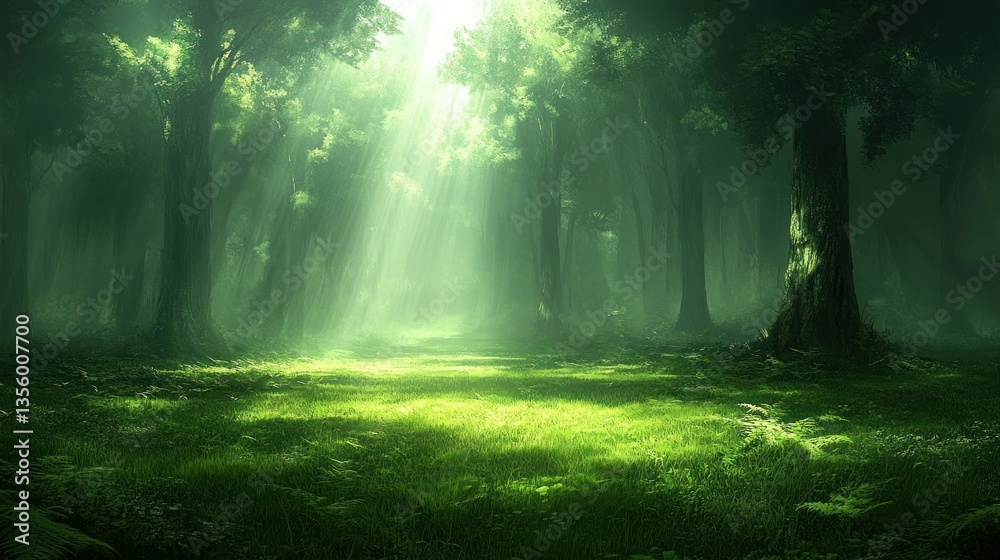 Lush green forest bathed in sunlight