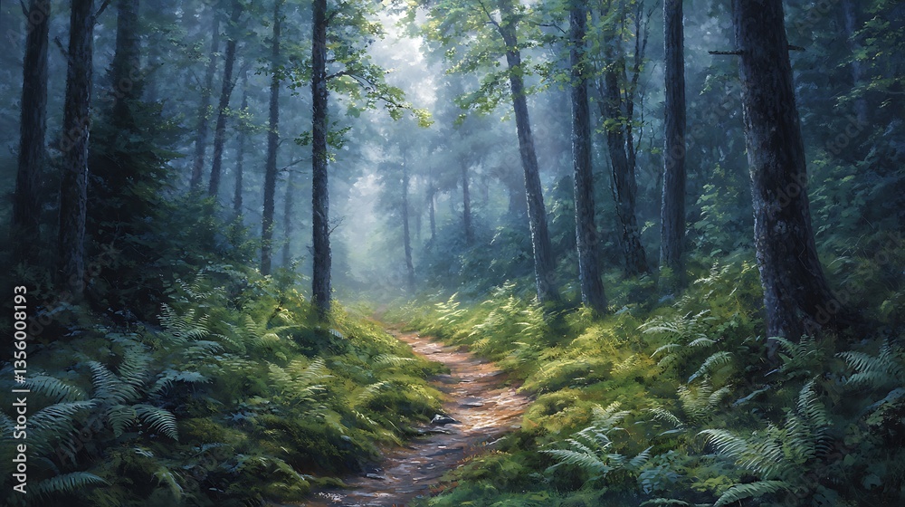 Obraz premium A hidden woodland trail winding through a misty forest, dappled in the soft glow of early morning light. Dew-covered ferns and moss-covered trees add depth to the tranquil scene, creating a mystical,