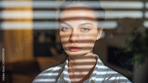 Portrait of a woman with window blinds light shadow face beauty model photography indoor light and shadow