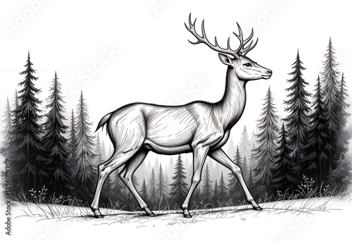 Deer Walking in Winter Forest Illustration with Monochrome Line Art Style